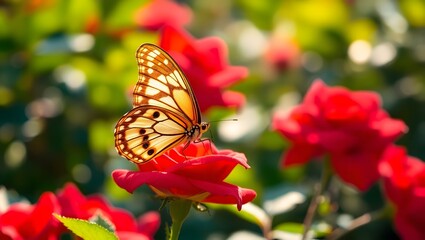 Obraz premium A beautiful orange butterfly rests on a vibrant red rose, basking in the warm sunlight of a serene summer garden.