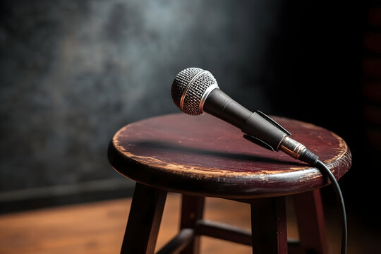 A microphone resting on a wooden stool, set against a smoky backdrop, ready for a performance or a speech.