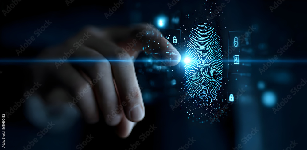 Poster a close-up of a hand interacting with a digital fingerprint, symbolizing security and identity verif