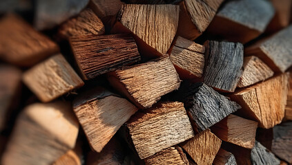 Fototapeta premium A close-up view of neatly stacked firewood pieces showcasing different shades and textures for natural wood aesthetics.