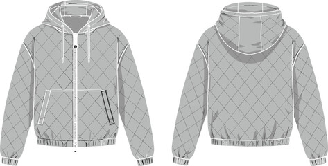 Quilted zip up hoodie front and back view, casual winter outerwear fashion design template, clothing mockup illustration for apparel designers, vector style © Legend Monir