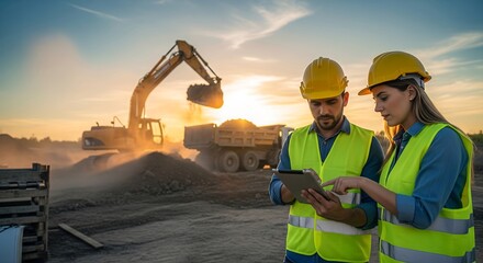 Construction workers in hard hats review tablet plans against a backdrop of heavy equipment operating at a construction site during sunset.