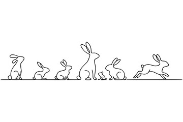 Black continuous line art illustration of rabbits in various poses on a light background. Minimalist animal drawing ideal for spring themes, Easter designs, and modern nature-inspired graphics