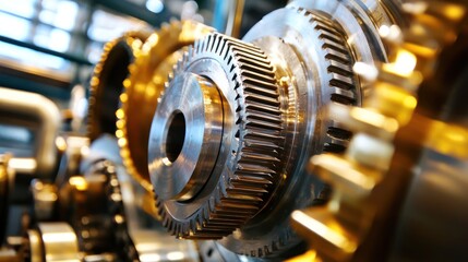 A close-up of a mechanical gear with a metallic sheen, featuring a golden hue and intricate details, set against a blurred industrial background.