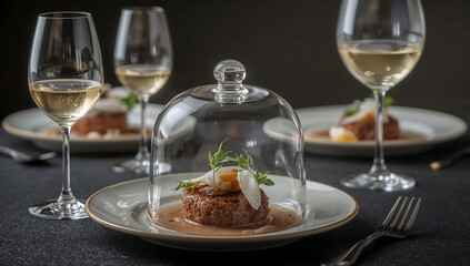 Photo of exquisite gourmet dish served with white wine in an elegant restaurant setting for a fine dining experience