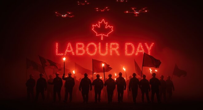 Canadian labour day celebration with neon maple leaf and torches - Powered by Adobe