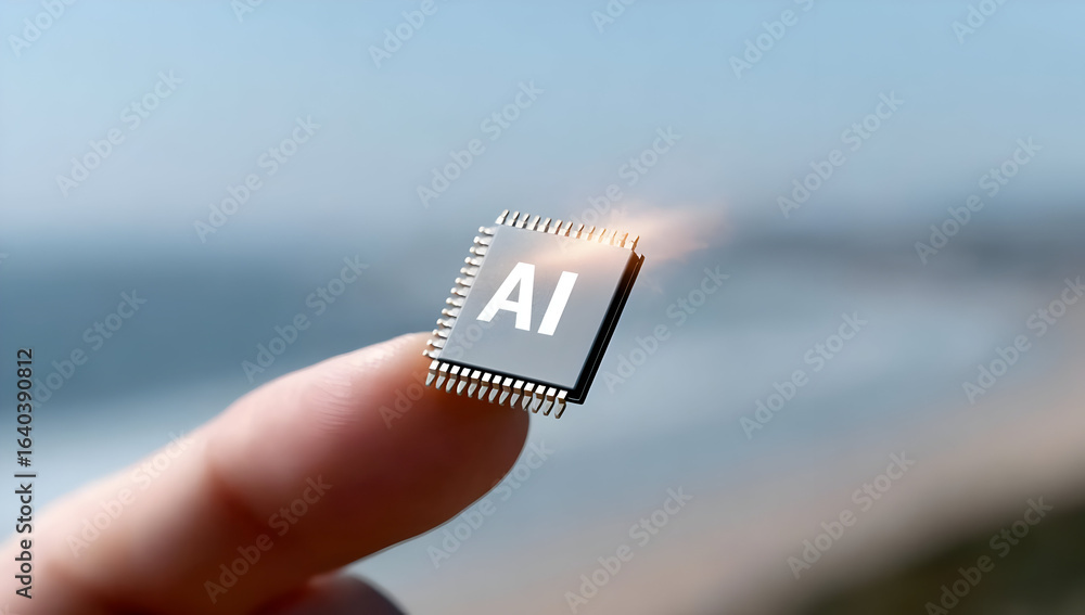 Poster a close-up of a finger holding a microchip labeled ai, symbolizing technological advancements and ar