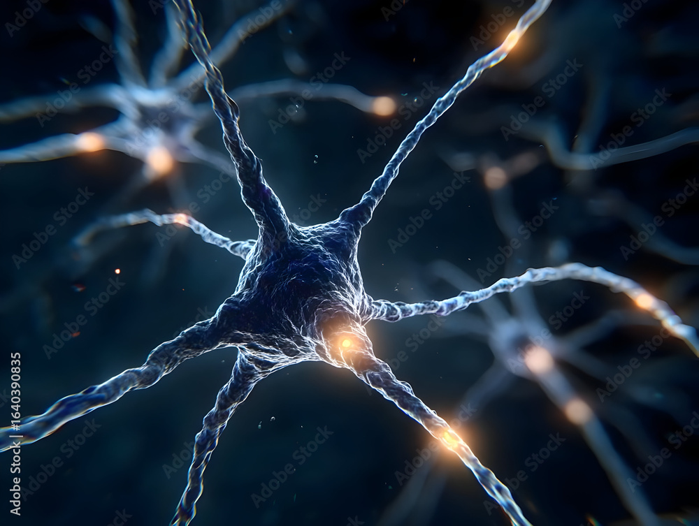 Poster a detailed close-up of a neuron illustrating its intricate structure and connections, highlighting n