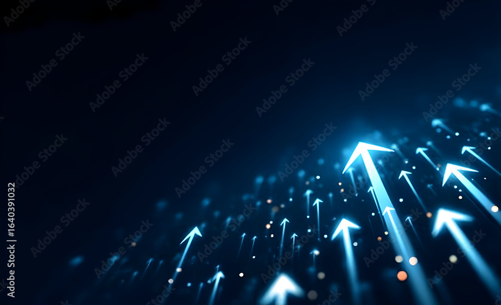 Poster a dynamic display of glowing arrows ascending, representing progress and innovation in technology an