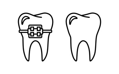 A line art icon illustrating two molars, one with dental braces and the other without. Perfect for dental clinic websites, educational materials, and health-related graphics.