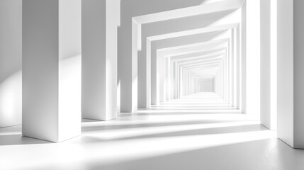 Obraz premium A white, empty, rectangular room with a white ceiling and floor, featuring a large, open, white, rectangular window with a white frame, casting a shadow on the floor.