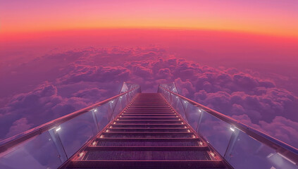 Fototapeta premium Stairway to Heaven Dreamlike Scene of Stairs Ascending Through Clouds with Pink Sunset Sky and Soft Light