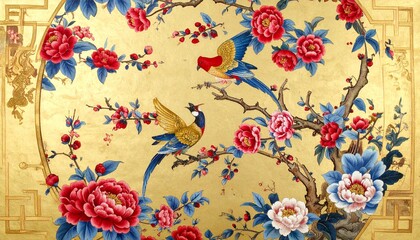 Luxurious chinoiserie art panel showing exotic birds among blooming branches, with a shimmering gold background, fine brush details