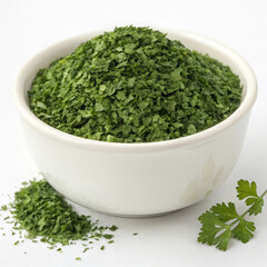 Dried coriander leaves in a white bowl, isolated on white background