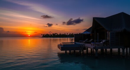 Obraz premium Luxury Overwater Bungalow at Sunset in the Maldives