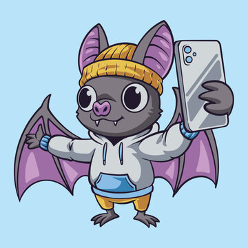 Cute Bat Taking a Halloween Selfie, A modern and adorable cartoon illustration of a gray bat wearing a yellow beanie and a light gray hoodie, holding up a smartphone to take a selfie.