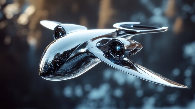 A sleek, futuristic metallic aircraft design with a streamlined body and dual cameras, set against a blurred natural background.