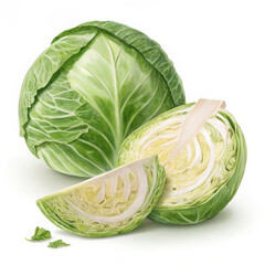 Fresh green cabbage, one whole and two cut, isolated on white background