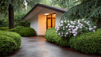 Obraz premium A small modern building with glass doors framed by lush green bushes and blooming pink rhododendron flowers
