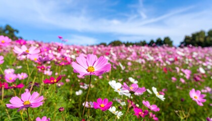Beautiful cosmos flower field in full bloom against soft blurred background, delicate petals, vibrant colors, serene floral landscape, nature beauty, peaceful and romantic garden scene