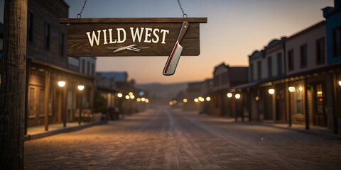 Obraz premium Exploring the charm of an old town street at twilight with a vintage barbershop sign