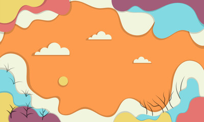 Abstract Landscape with Wavy Shapes, Clouds, and Sun