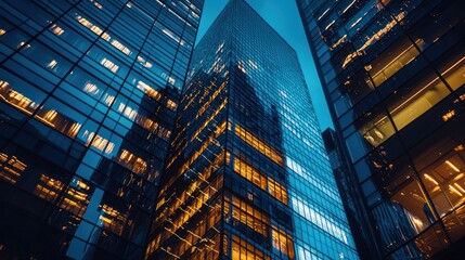 A modern glass skyscraper with reflective windows at dusk, illuminated by the glow of interior lights.