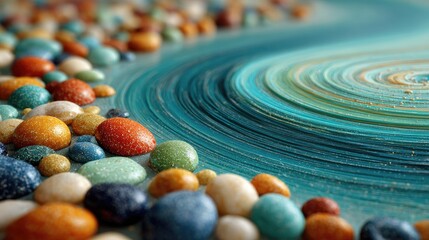 Colorful stones surround a swirling, concentric pattern of teal and gold