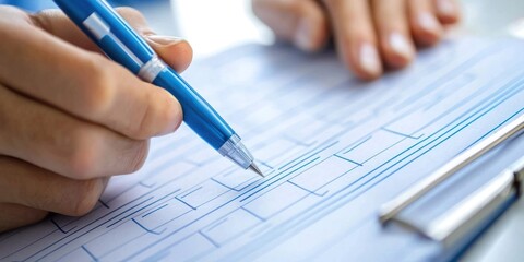 A person writing on a clipboard with a blue pen, focusing on the task at hand.