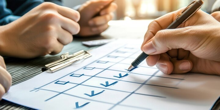A close-up of a person's hands filling out a grid with check marks, indicating completion of tasks or choices. The background is blurred, focusing attention on the hands and the grid.
