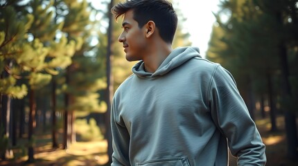 A young man in a grey hoodie enjoys a peaceful moment of solitude while hiking in a sunlit pine forest.