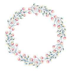 Obraz premium Guirnalda decorativa pintada a mano en acuarela con hojas, bayas y flores en colores rosado y verde