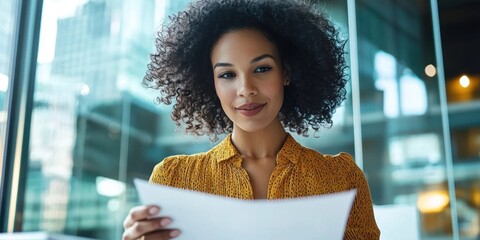 A confident woman holding a document in an office setting.