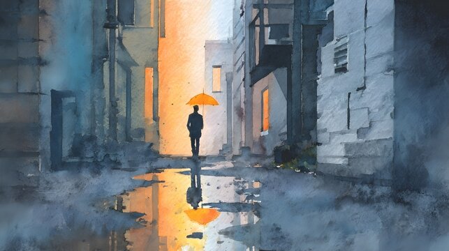Silhouetted Person in City Alley with Orange Umbrella, Generative AI