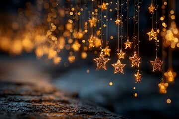 Glowing golden star ornaments with bokeh lights stars festive