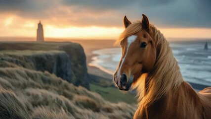 Majestic chestnut horse on coastal cliffside at sunset. 2026 year horse according calendar - Powered by Adobe