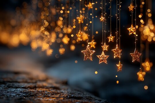 Glowing golden star ornaments with bokeh lights stars festive