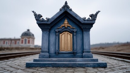 Fototapeta premium Ornate dark blue miniature building with golden doors stands beside train tracks