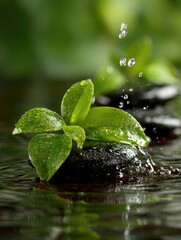 Green Leaf, Black Stones, Water Drops