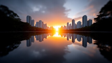 Fototapeta premium Modern cityscape with high rise buildings reflected in calm water during a vibrant sunset