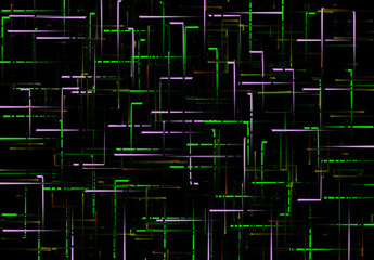 Modern technology background image consisting of green and purple glowing lines connected on a black background.