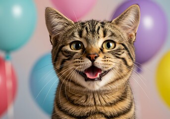 Playful Tabby Kitten with Open Mouth and Colorful Balloons