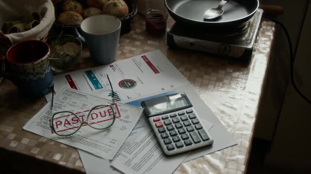 High angle no people shot of kitchen table cluttered with past-due bills, calculator, and eyeglasses alongside cooking appliances