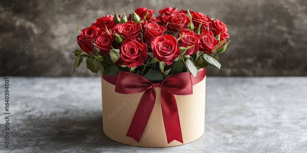 Poster a bouquet of red roses in a cylindrical container with a red ribbon bow, placed on a textured surfac