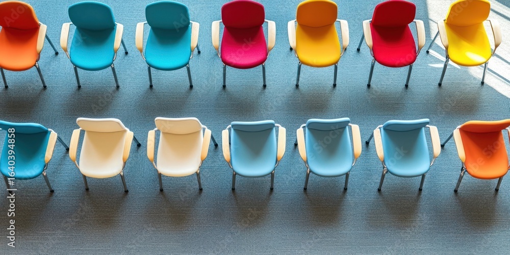 Poster a row of colorful chairs arranged in a pattern on a grey floor, with a window in the background allo