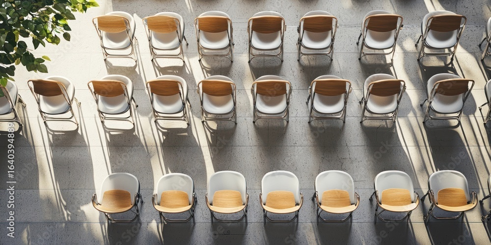 Poster a symmetrical arrangement of chairs on a tiled floor, with sunlight casting shadows, creating a patt