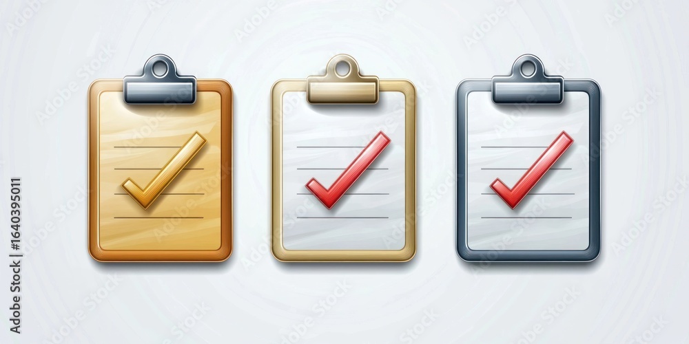 Poster three clipboard icons with checkmarks, representing tasks or items completed.