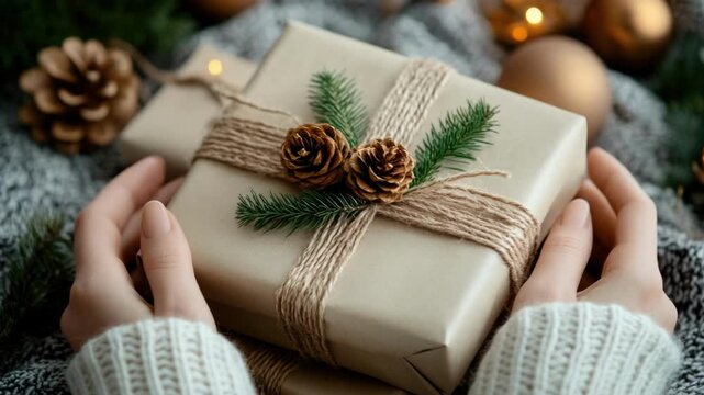 Hands holding wrapped gift box with pinecones and fir branches, cozy winter scene. Merry Christmas. Happy New Year