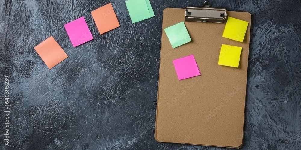 Poster a clipboard with colorful sticky notes on a textured dark surface.