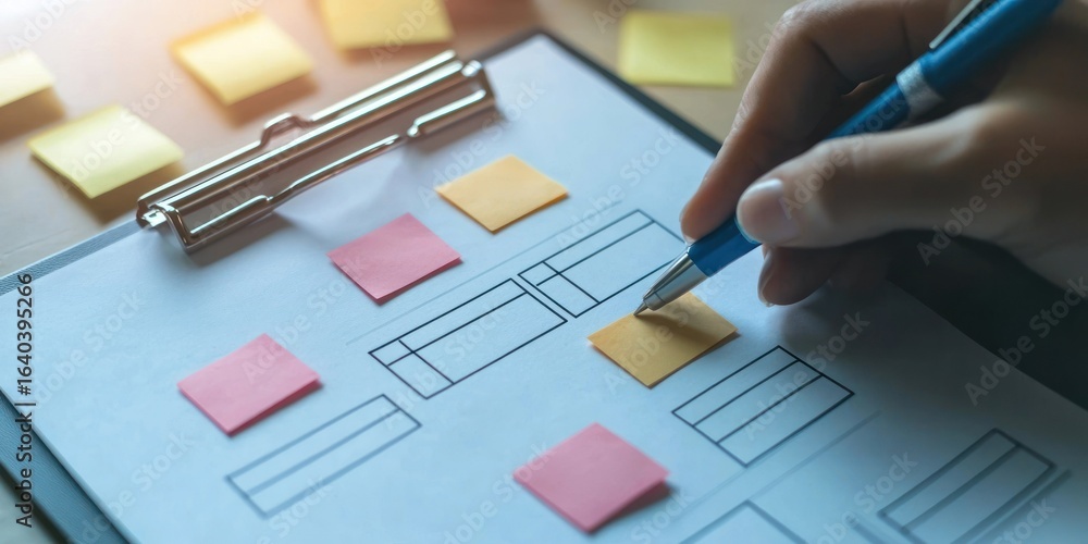 Poster a hand holding a pen, writing on a clipboard with a flowchart diagram. the background is blurred wit